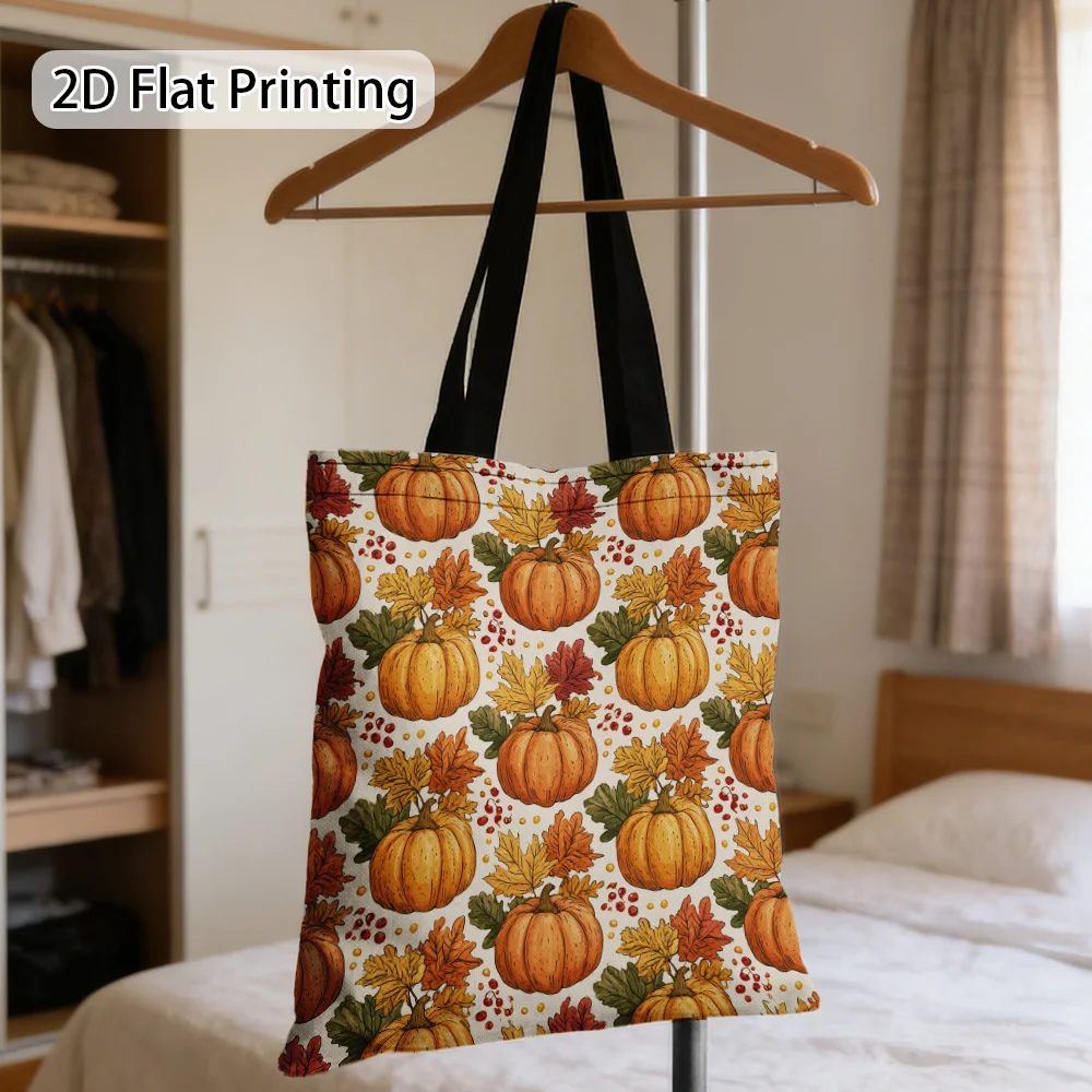 1pc 2D Flat Printing Autumn Pumpkins and Falling Leaves Pattern Shopping Bag, Shoulder Bag, Tote Bag Suitable for Shopping Pouch