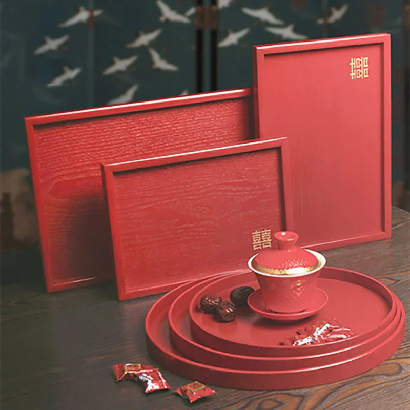 Chinese Red Wooden Oblong Round Toast Tray to Serve Food Wedding Party Teahouse Tea Trays Festive Display Decoration