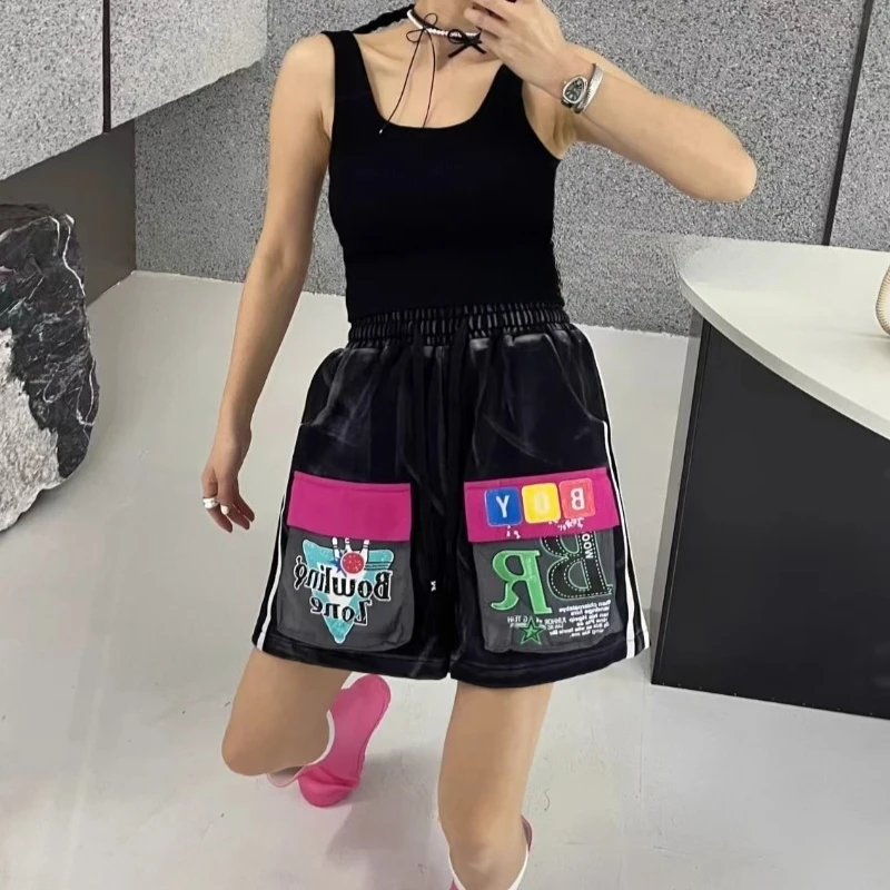 Summer Trendy Brand Fashionable and Old Washed Color Matching Multi-pocket Elastic Waist Loose Casual Shorts Women