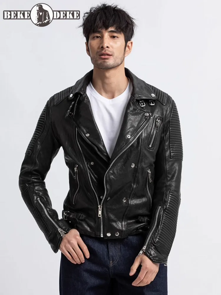 Italian Designer Men Moto Biker Genuine Leather Jacket Pleated Slim Fit Zip Real Sheepskin Coat Autumn Windproof Riding Jacket