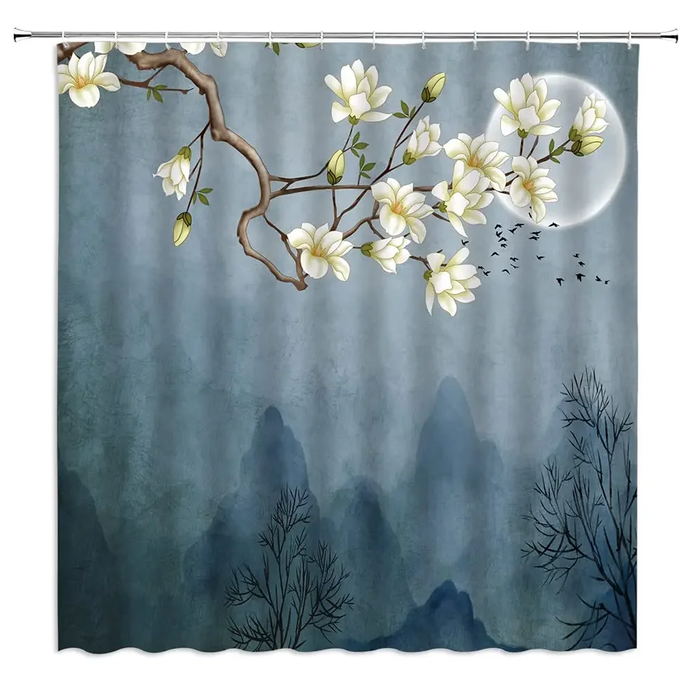 Chinese Floral Birds Green British Style Shower Curtain with Hooks Mint Light Green Turquoise Teal Butterfly Bathroom Curtains