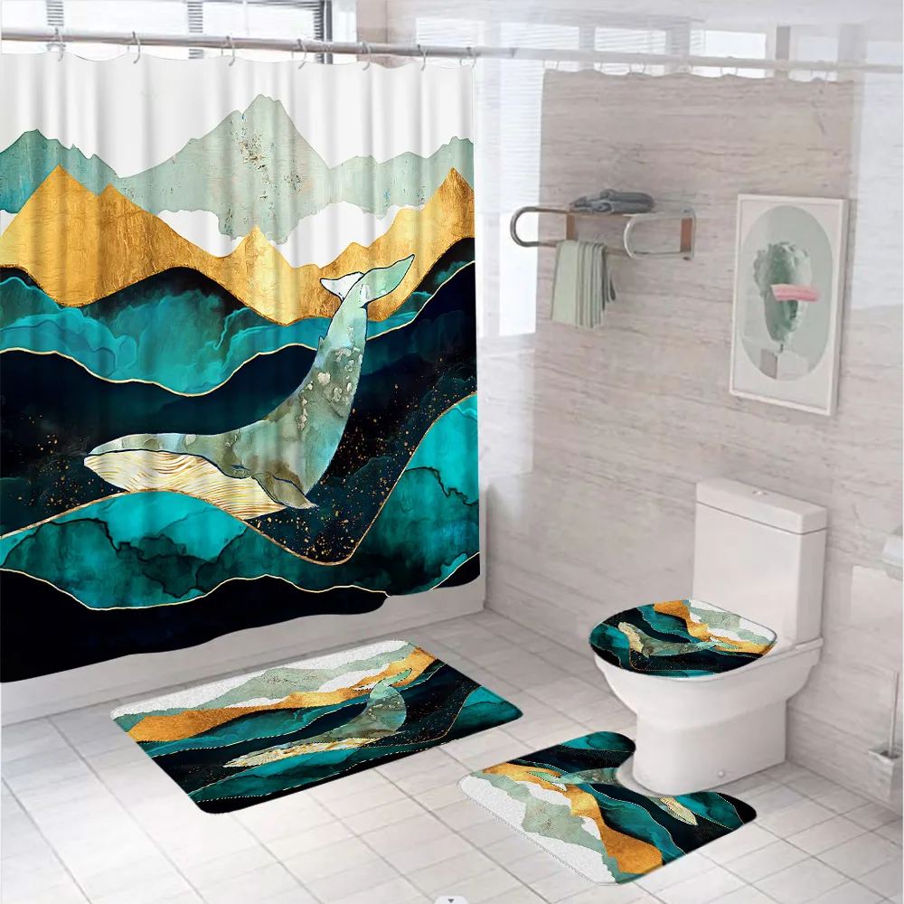 

4Pcs Natural Scenery Shower Curtain Set Abstract Mountains Art Bathroom Curtains Non-Slip Bath Mat Pedestal Rug Lid Toilet Cover
