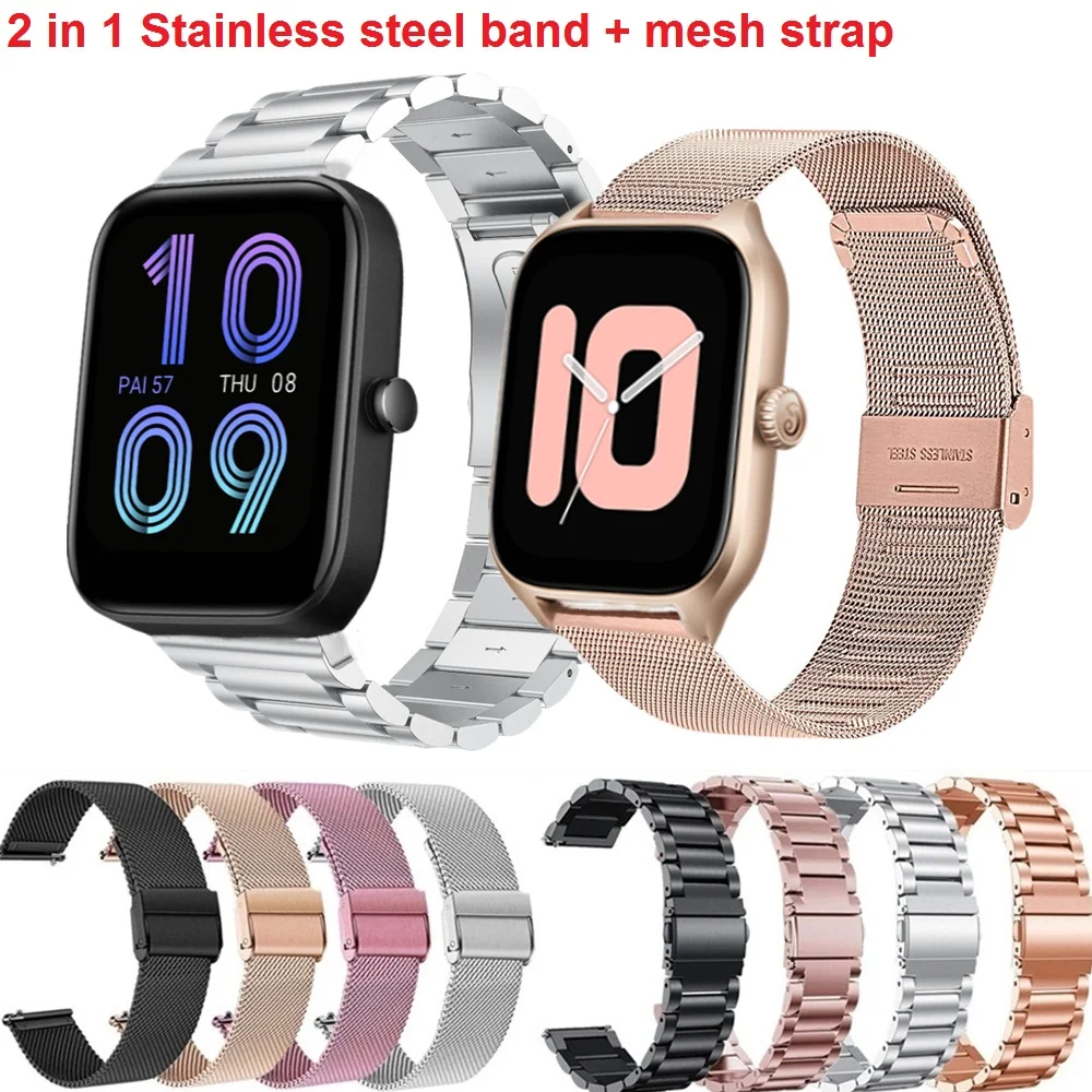 2in1 Metal Bands + Stainless Steel Strap For Huami Amazfit Bip 3 Pro Bip U Mesh Loop Bracelet For Huami Amazfit GTR 4 GTS 4 Mini