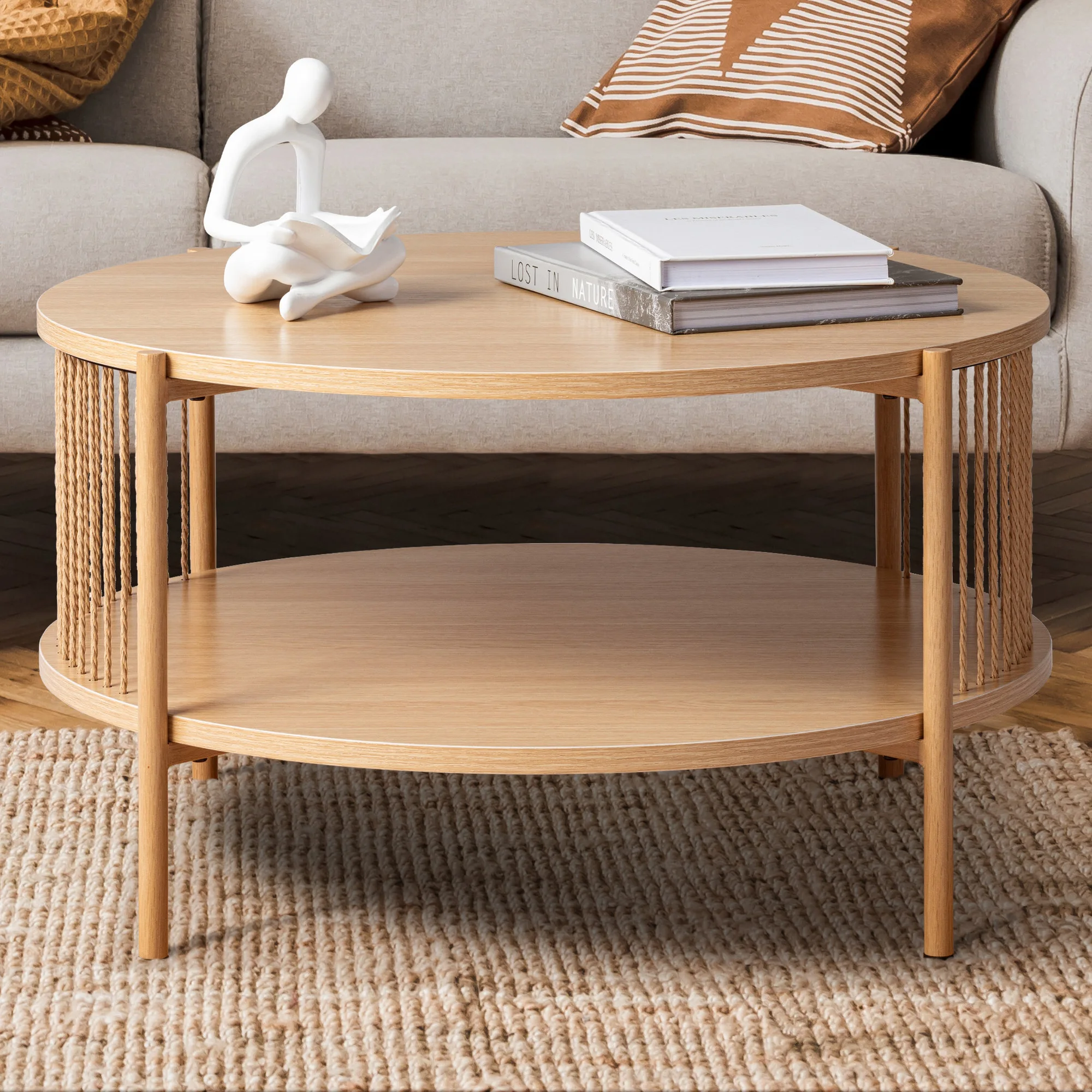 

！@Combohome Antique Scandinavian Minimalist Wooden Coffee Table with Rope for Small Spaces