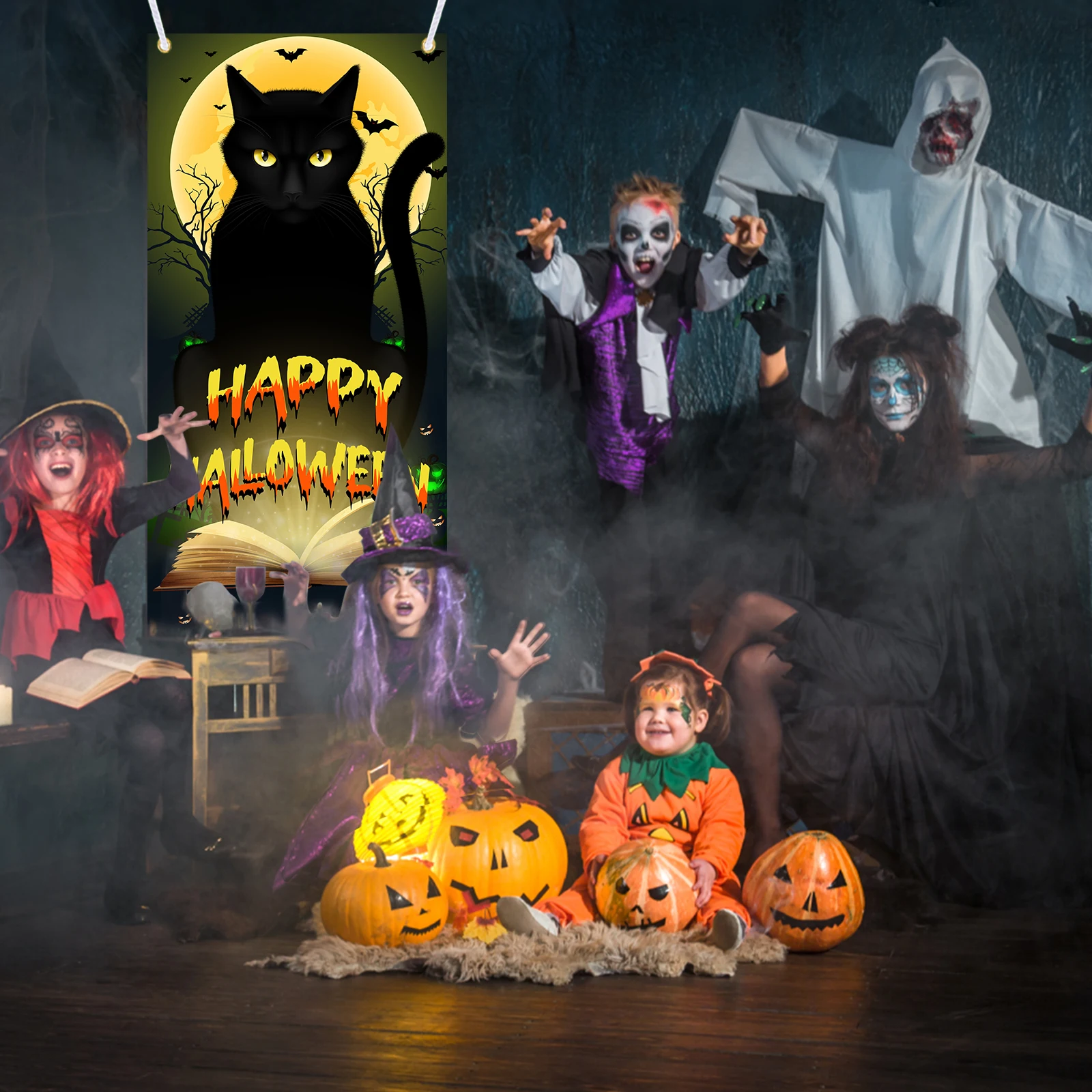 Halloween Black Cat Door Banner, Scary Cat Halloween Door Cover Halloween Door Decorations Trick or Treat Halloween Party Banner