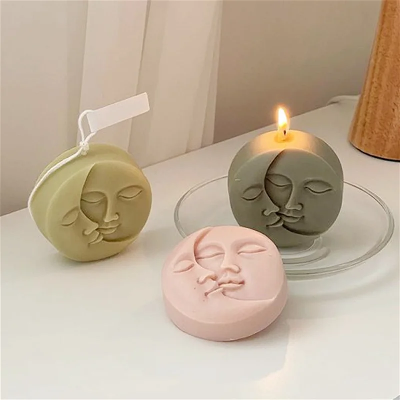 ABAE-2X القمر والشمس الوجه شمعة قالب من السيليكون DIY بها بنفسك اليدوية الصابون شمعة مجوهرات الحرفية قالب شمع لوازم صنع الشموع