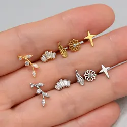 1Piece Flower Moon Snake CZ Nose Hoop Butterfly Leaf Daith Conch Helix Stud Earrings Internal Thread Piercing Surgical Steel 16G