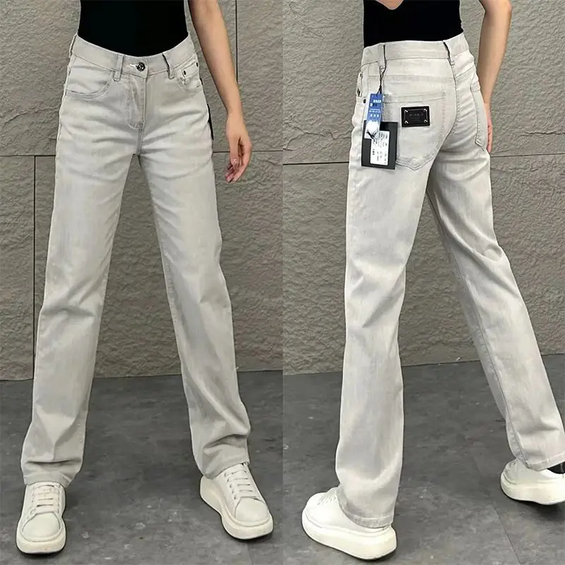 Korean Popular Clothes Jeans for Man Original White Gray Drape Jeans Men's Spring New Fashion Straight-leg Thin Casual Pants
