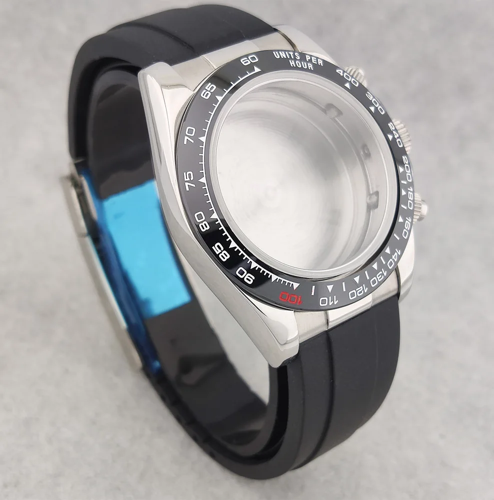 40 مللي متر حافظة الياقوت الزجاج الكوارتز حاوية من الفولاذ المقاوم للصدأ قذيفة كرونوغراف الحافة شريط مطاطي تاج صالح حركة VK63 ﻿