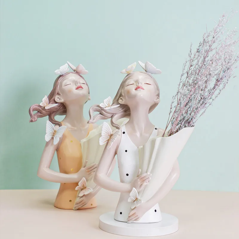 

Fashion Creative Sculpture Nordic Simple Butterfly Girl Holding Flower Resin Flower Pot Light Luxury Dry Flower Vase Decorative