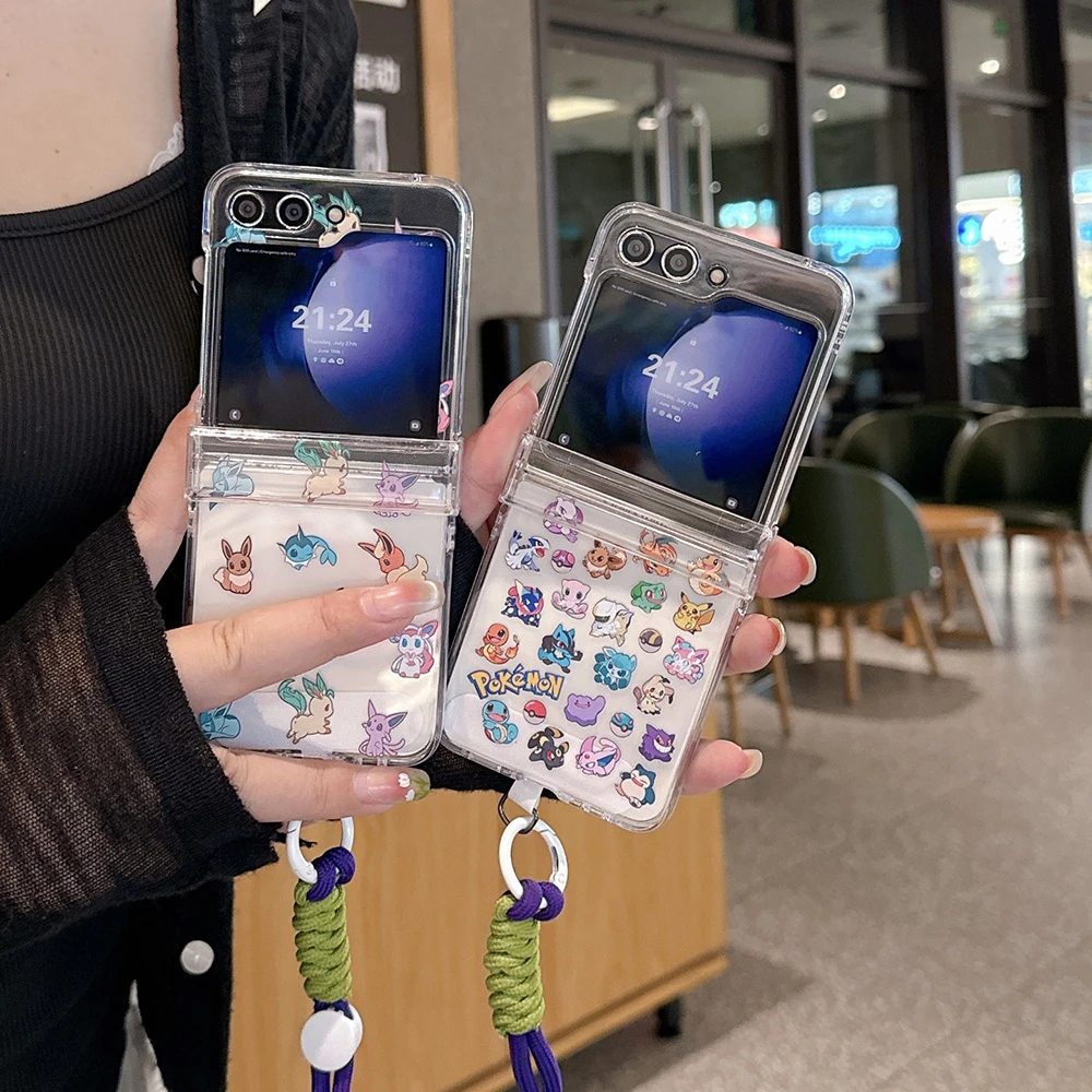 Pocket Monsters Pokemon Japan Anime Phone Case For Samsung Galaxy Z Flip 7 Hard PC Back Cover For Z Flip 6 5 4 Case With Lanyard