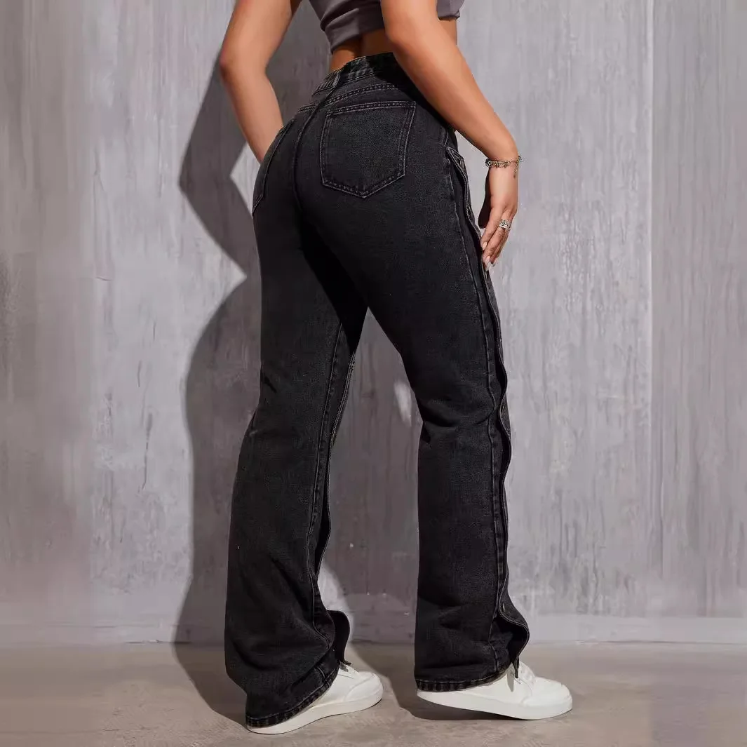 Women\'s Spring and Autumn New Fashion Detachable Multi-button Straight-leg Pants, Hip Hop Casual High-waisted Cargo Long Pants
