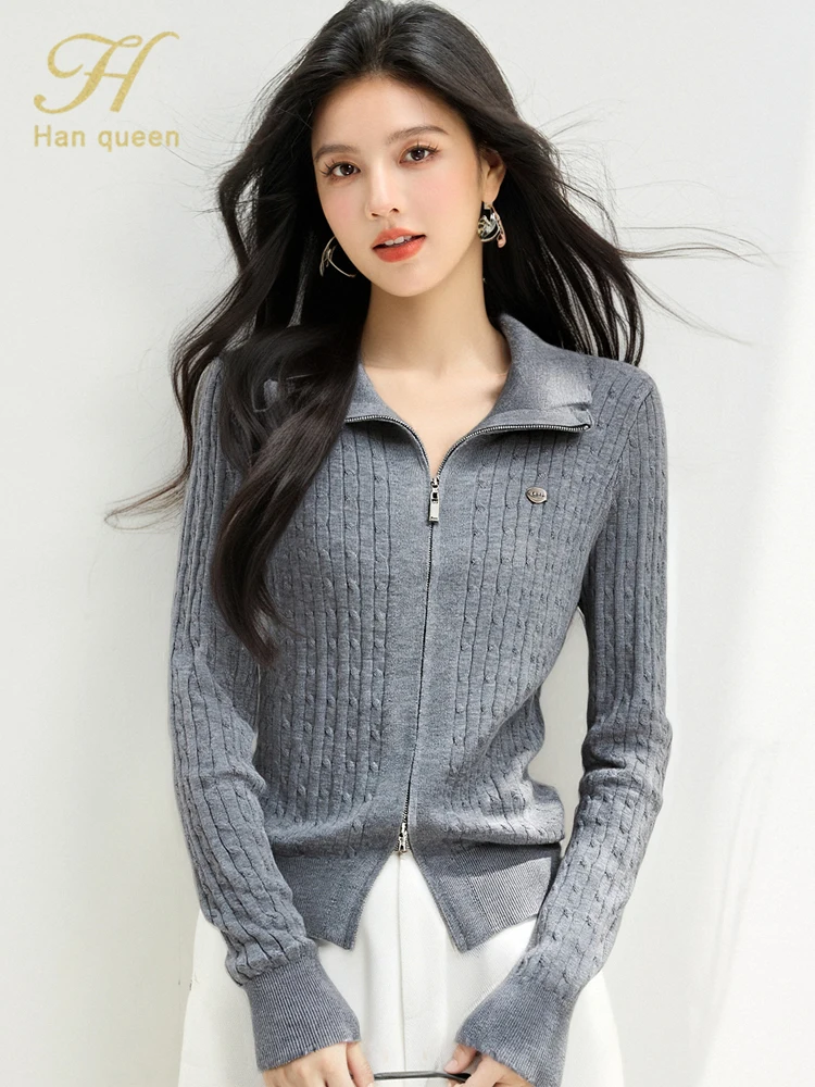 

H Han Queen Autumn Winter Simple Zipper Cardigans Sweaters Chic Casual Basic Long Sleeve Vintage Top Korean Style Woman Clothing