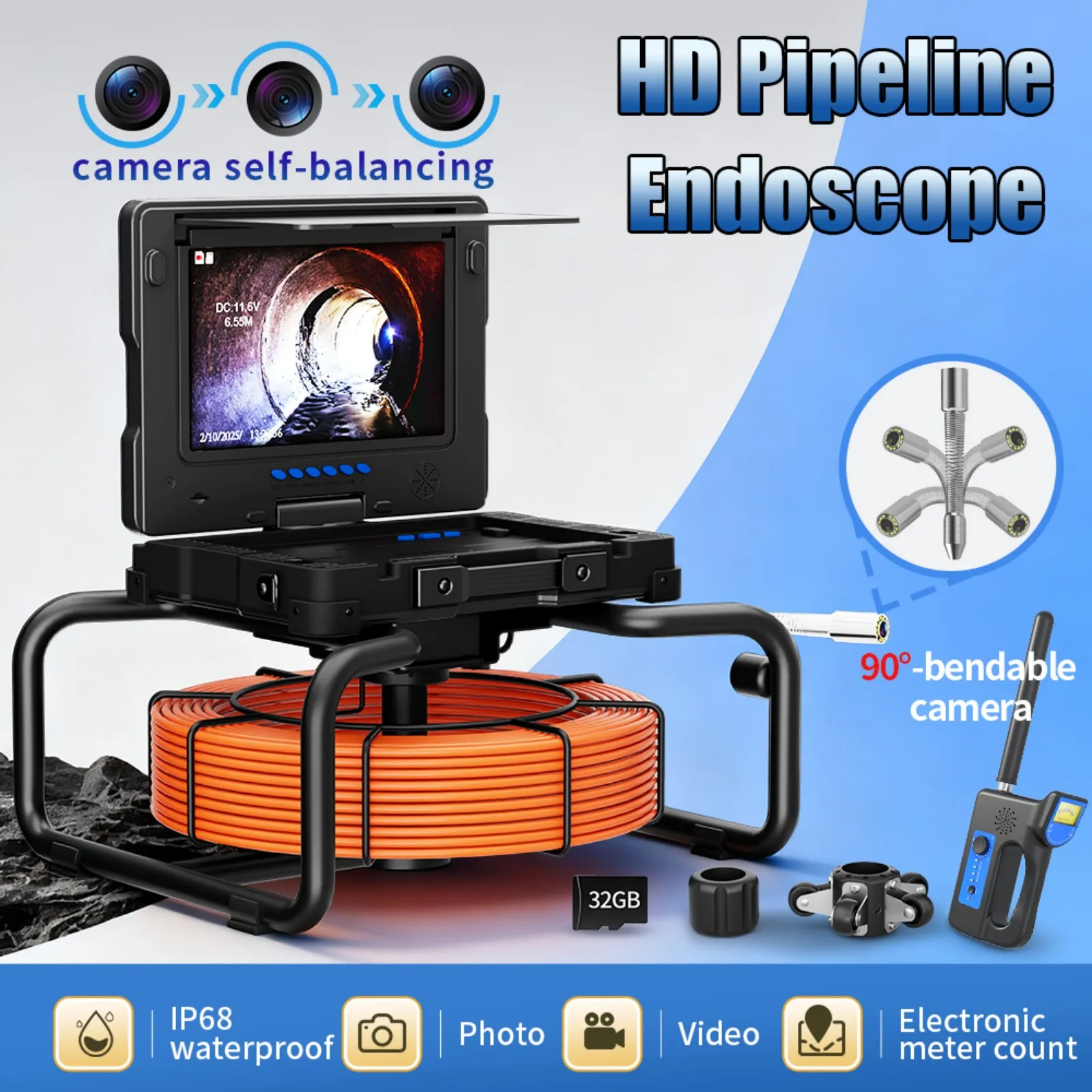 

9-дюймовая камера для осмотра труб с счетчиком метража, самовыравнивающаяся, с локатором 512 Гц, DVR, водонепроницаемая видеоэндоскопическая камера, карта TF 32 ГБ