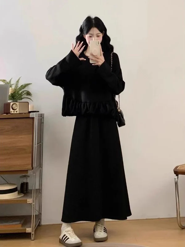 

Black Lace Trim Sweatshirt And Skirt Set plus Size Women's Fashion Spring Collection Comfortable Fit round Neck Long Sleeve