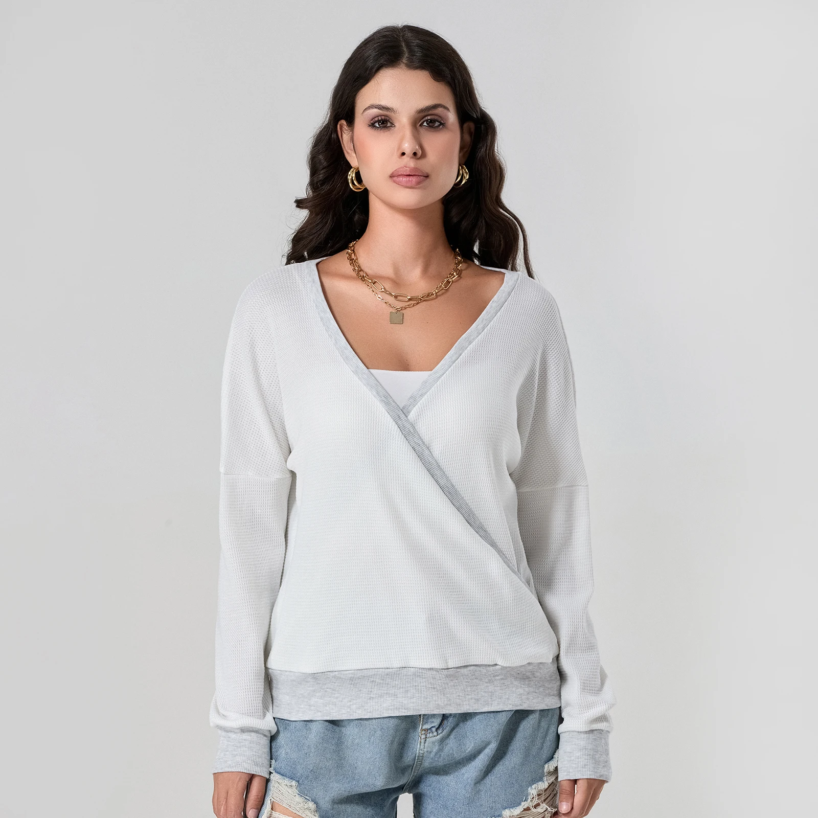 Women's Fall Loose Knit Tops Long Sleeves Wrap V-Neck Contrast Color Simple Casual T-Shirts