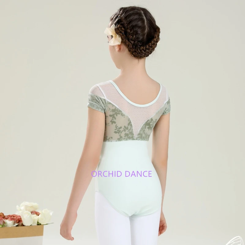 New Coming Fashion Cute Design Kids Girls Children Cotton Spandex Dance Wear Mesh Velvet Short Sleeve Ballet Leotard