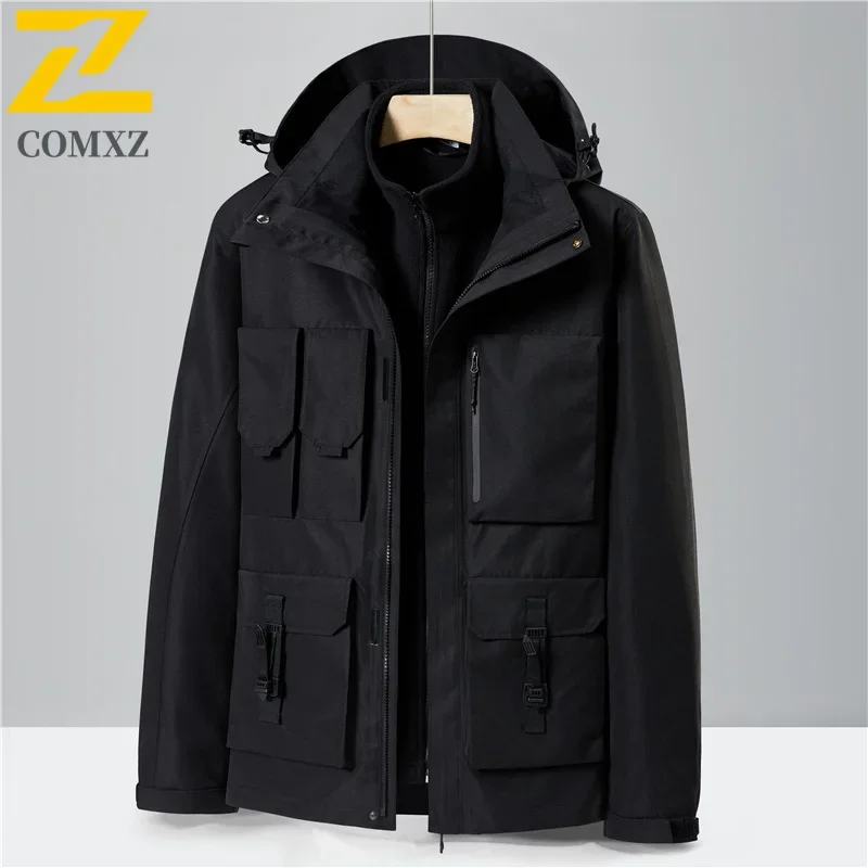 

COMXZ Winter Jacket 3-in-1 Multi Pocket Outdoor Waterproof Climbing Cycling Men Lightweight Windbreaker Adventure Climbing Coat