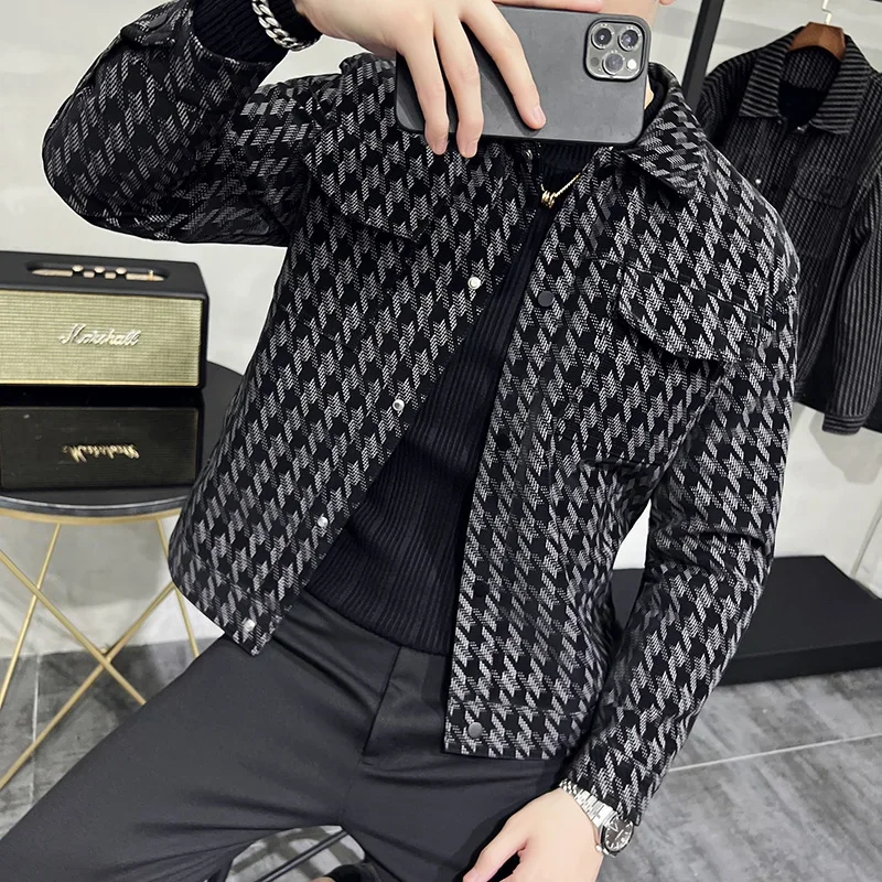 2024 Autumn New Men Lapel Jacket Single Breasted Slim Fit Casual Short Coats Streetwear Male Multiple Pockets Social Overcoat