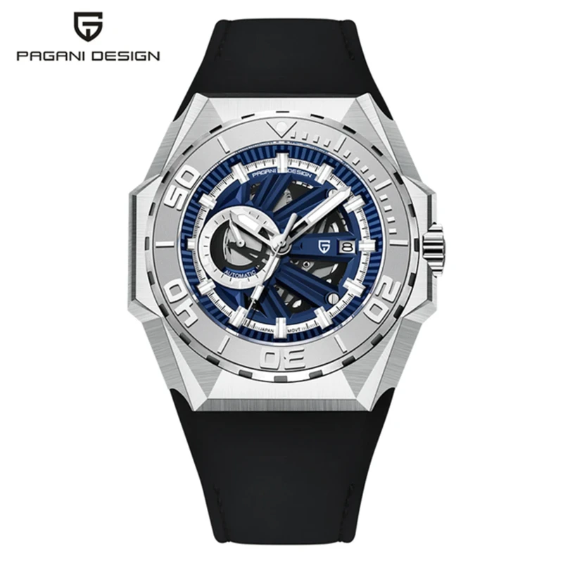 PAGANI DESIGN PD-YS007 Automatic Mechanical Watch Octagonal Skeleton Dial, Sapphire Glass, Black Silicone Strap 100M Waterproof