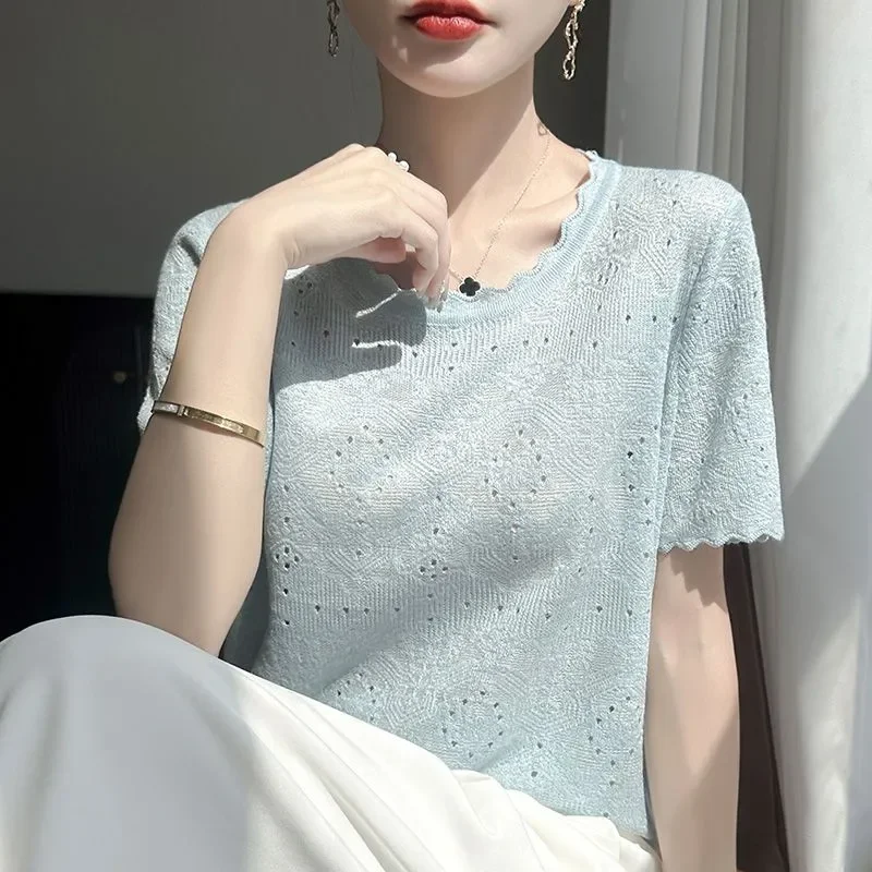 French Chic Women Summer Round Neck Scallop Edge Hollow Knit Short Sleeve Thin Versatile Layering Tee Tops S-3XL