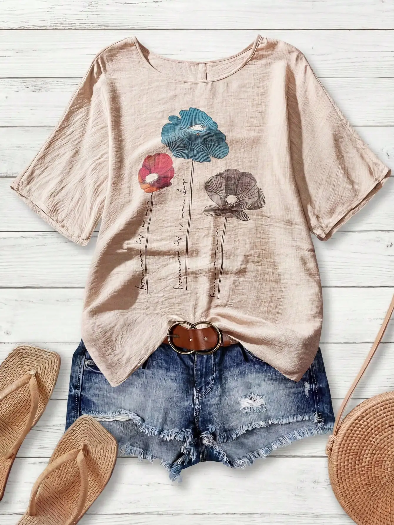 

Женская повседневная блузка с цветочным принтом для отпуска, летняя свободная блузка с круглым вырезом и короткими рукавами