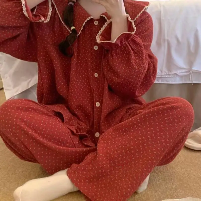 

Cute Doll Collar Floral Red Pajama Sets Spring and Autumn Lace New Girl Long-sleeved Home Wear 2-piece Set Women Pyjamas Gifts