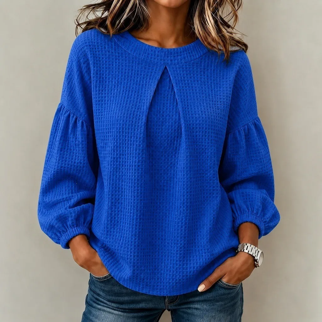 Spliced Patchwork Top Regular Fit Casual Women Long Sleeve Shirt with Round Neck No Ironing Required Winter Lantern Sleeve