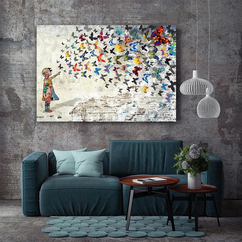 

Banksy Street Art,Colorful Butterfly Girl Decor,Banksy Canvas Art,Graffiti Wall Art,for Living Room Home Decoration