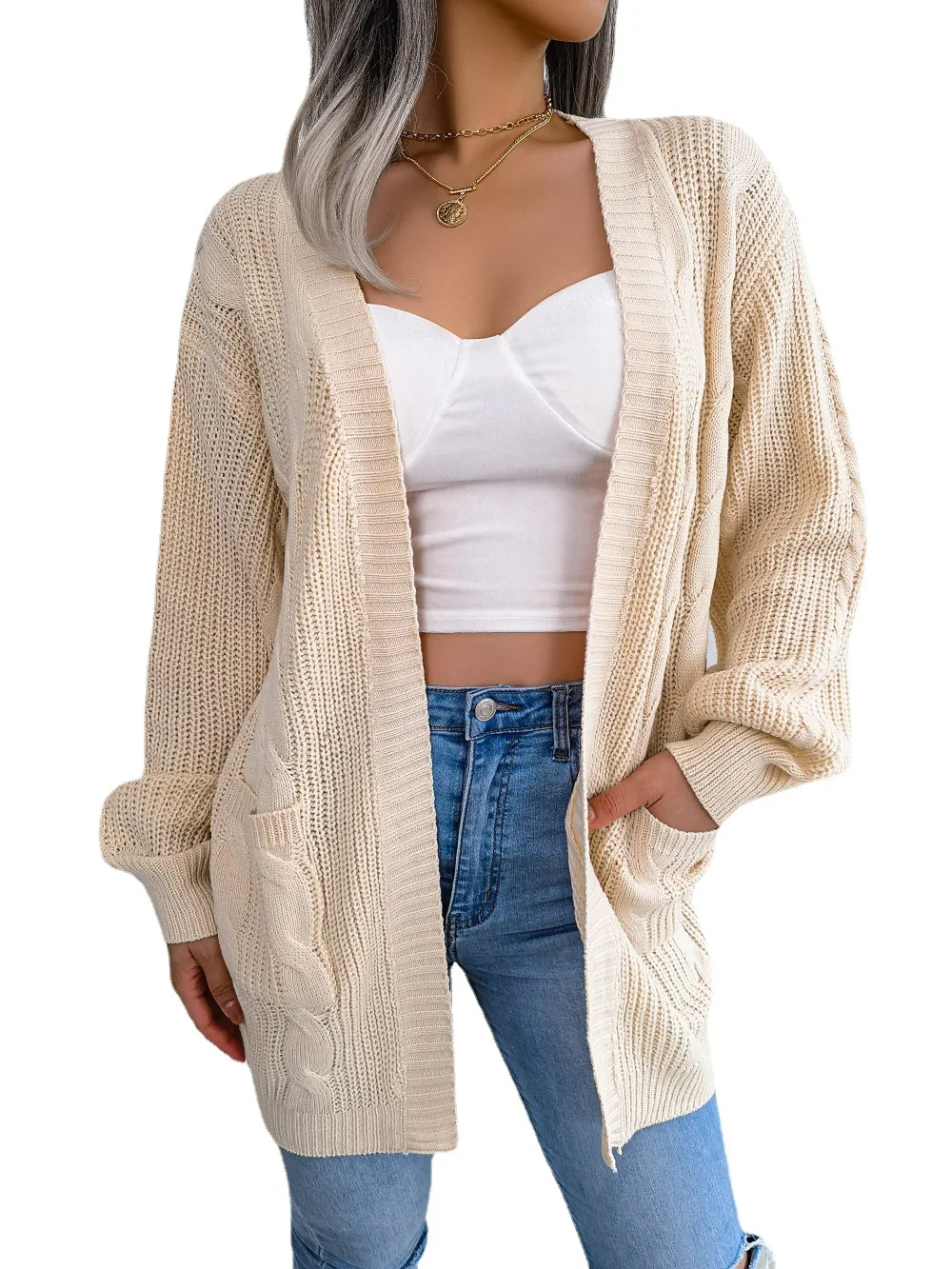 

2025 Autumn Winter Women's Sweater Tops Sweaters Women Female Woman Lantern Sleeve Casual Pocket Cardigan Sweater Jacket