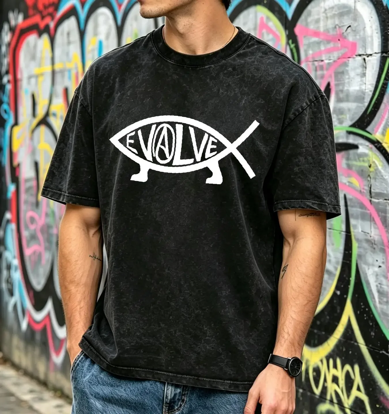 washed T Shirt Evolve Athiest tee Evolution Fish Darwin Theory vintage Washed streetwear designer clothes Slightly Versatile
