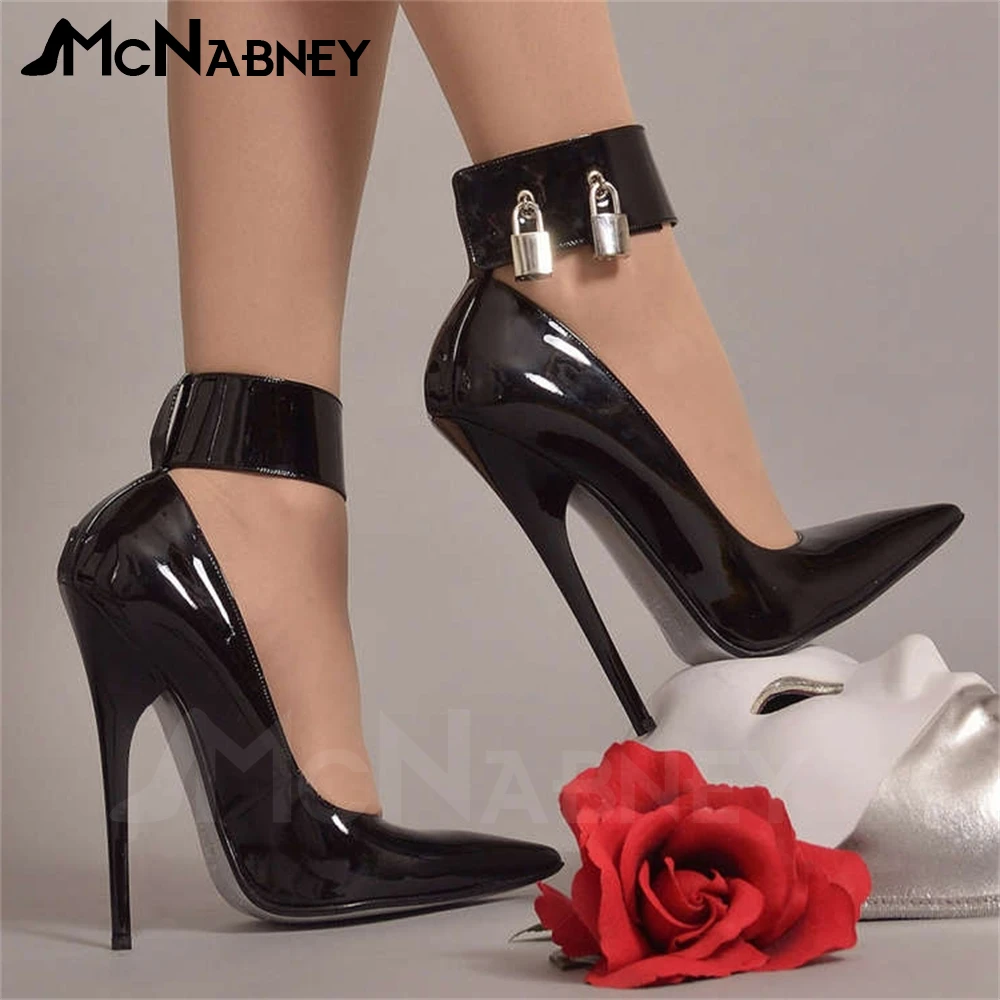 Metal Key Lock Sexy Pumps Ankle Belt Buckle Stiletto Shoes Pointed Toe Black Patent Leather High Heels Punk Style Sexy High Heel