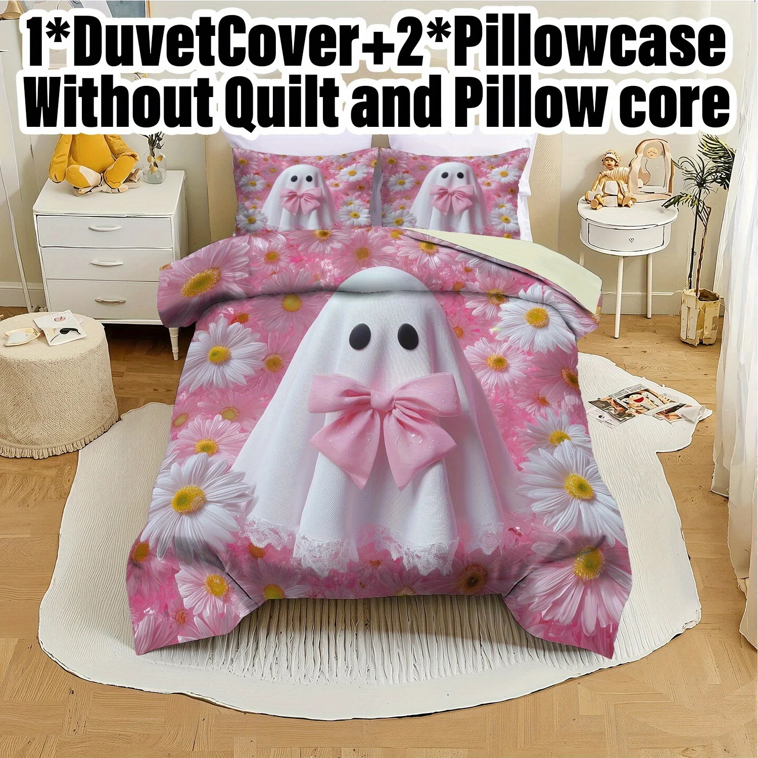 3pcs Halloween Pumpkin Monster Duvet Cover Set without Core Quilt Cover with 2 Pillowcases Soft and Machine Washable Duvet Cover