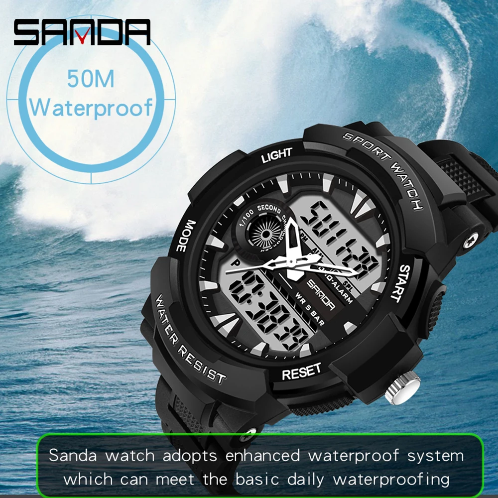 SANDA 6002 Large Men Watches Digital Watch Luminous 5BAR Waterproof Male Sport Watch Quartz Dual Display relogio masculino