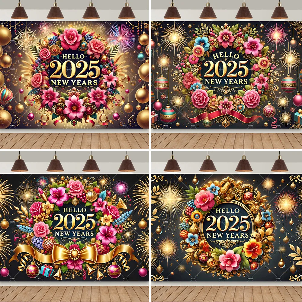 

Black Gold Fireworks Wreath Theme 2025 Happy New Year Party Background Family Decoration Supplies Banner Photography Props