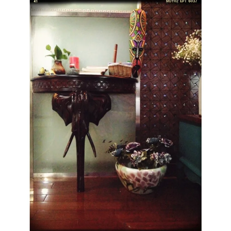 American semi-circular console table, wall table, European elephant craft, solid wood entryway, corridor entrance cabinet