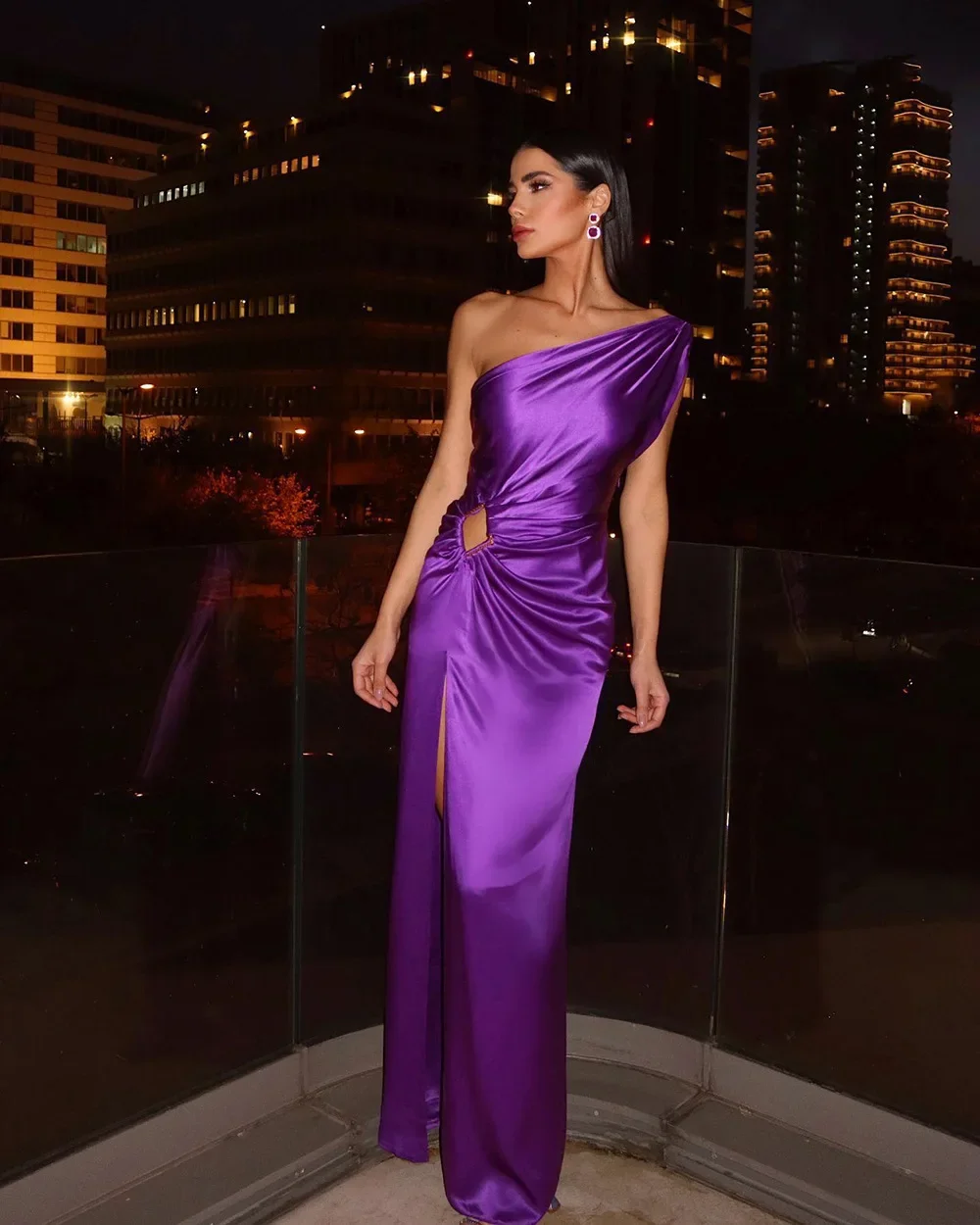 New Ladies Purple One Shoulder Sexy Skinny Draped Sleeveless Sequin Cutout High Slit Long Celebrity Party Dress Sexy Dress