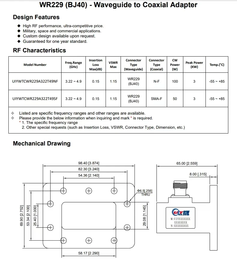 UIYWTCWR229A Orthogonal 90 ° waveguide coaxial conversion WR229 (BJ40)