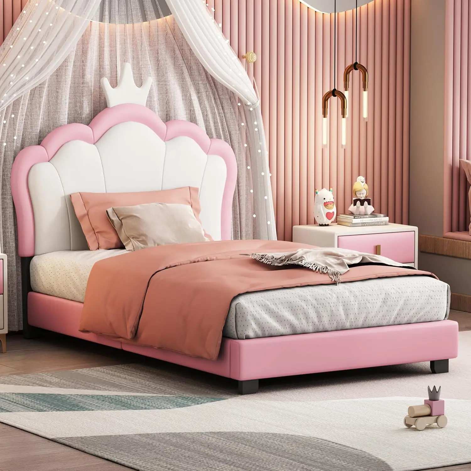 Frame with Headboard, Children Upholstered Twin Platform Bed Frame with Crown Headboard, Wooden Twin Bed for Girls, Teens, No Bo