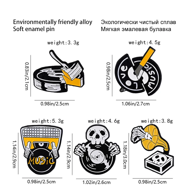 Spilla smaltata musicale nera Giocatore di fonografo Fonografo Disco in vinile Spille a nastro Distintivi della morte Risvolto Gioielli di Halloween all'ingrosso