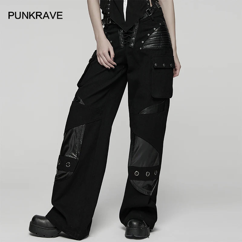 PUNK RAVE Women's Punk Low-waist Twill Woven Wide-Leg Pants Personalized Patchwork Design Free-spirited Casual Trousers
