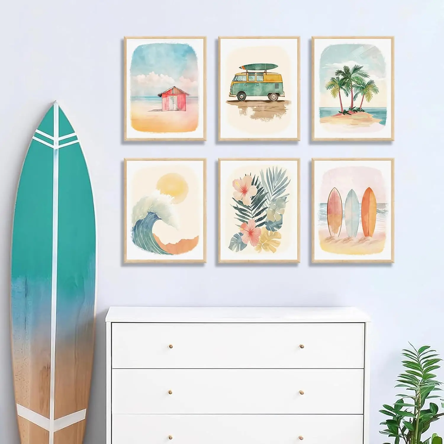 

6pcs Beach Kindergarten Wall Art Summer Surfing Canvas Poster Ocean-themed Print Painting Palm Tree Children's Room Decoration