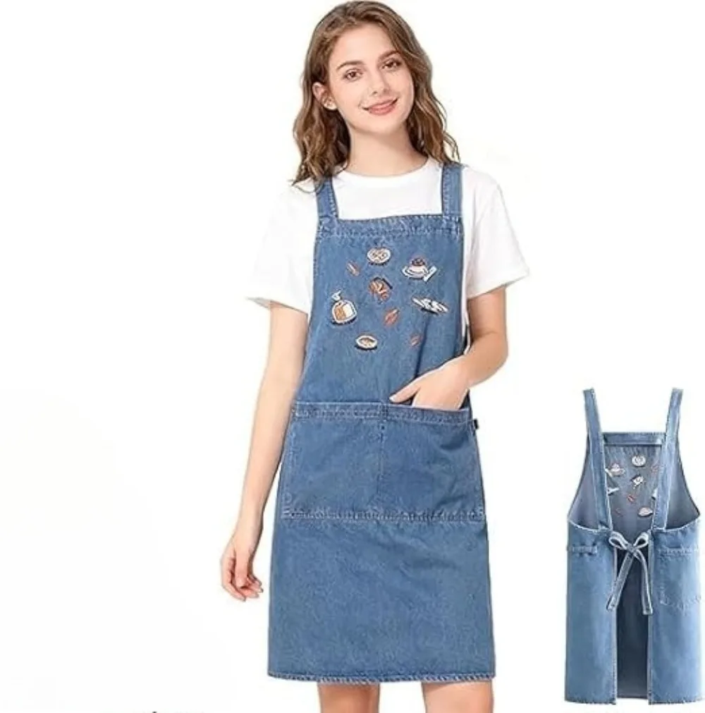 

Новый джинсовый фартук для женщин: кухонный, для дома, с художественной вышивкой, защита от пятен, дышащий, для кейтеринга