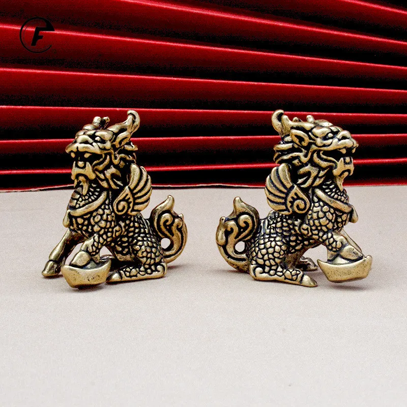Antique Bronze Chinese Mythical Beast Qi Lin Statue 1 pair Copper Animal Ornaments Lucky Home Feng Shui Living Room Decorations