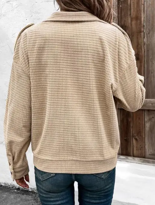 Loose Workwear, Pockets, Zippers, Lapels, Solid Color Women's Jacket, Autumn Waffle Fabric, Casual Women's Long Sleeved Jacket