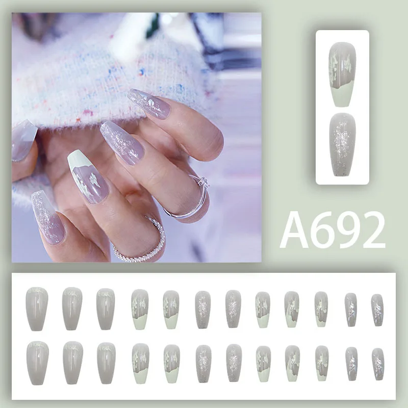 24pcs Ins Style Tender Nail Art Wearable Nails French Line Halo False Nails Press on Removable Short Fake Nails with Glue