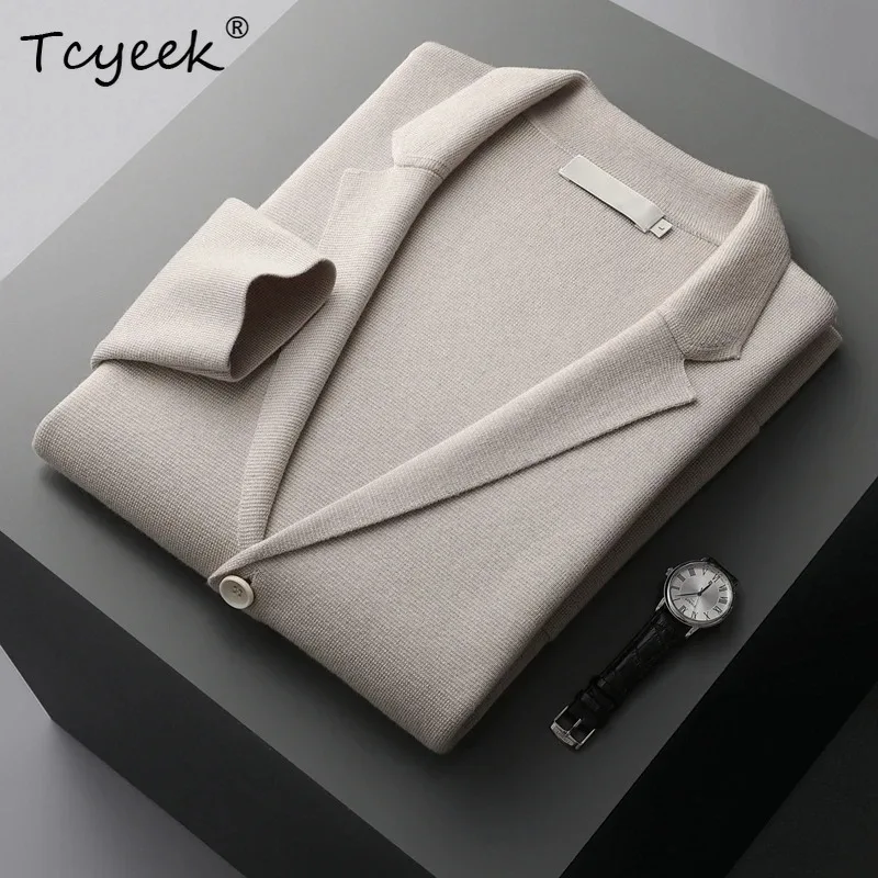 Vintage Men's Sweater Notched Lapel Suit Jacket 100% Merino Wool Sweater Spring Autumn Cardigan Knitwear Coat  Patch Pocket Tops