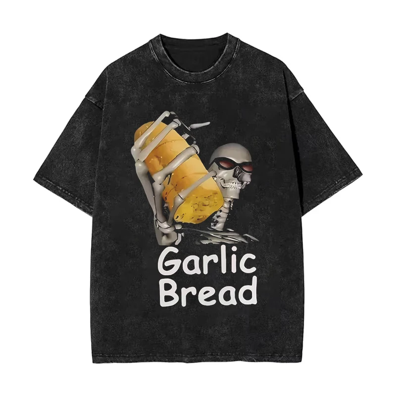 

Vintage Funny GARlic BREAD Hard Skeleton Meme Gen Z Washed T Shirt Y2K Men Women Y2k Streetwear Cotton Tee Harajuku Unisex Top