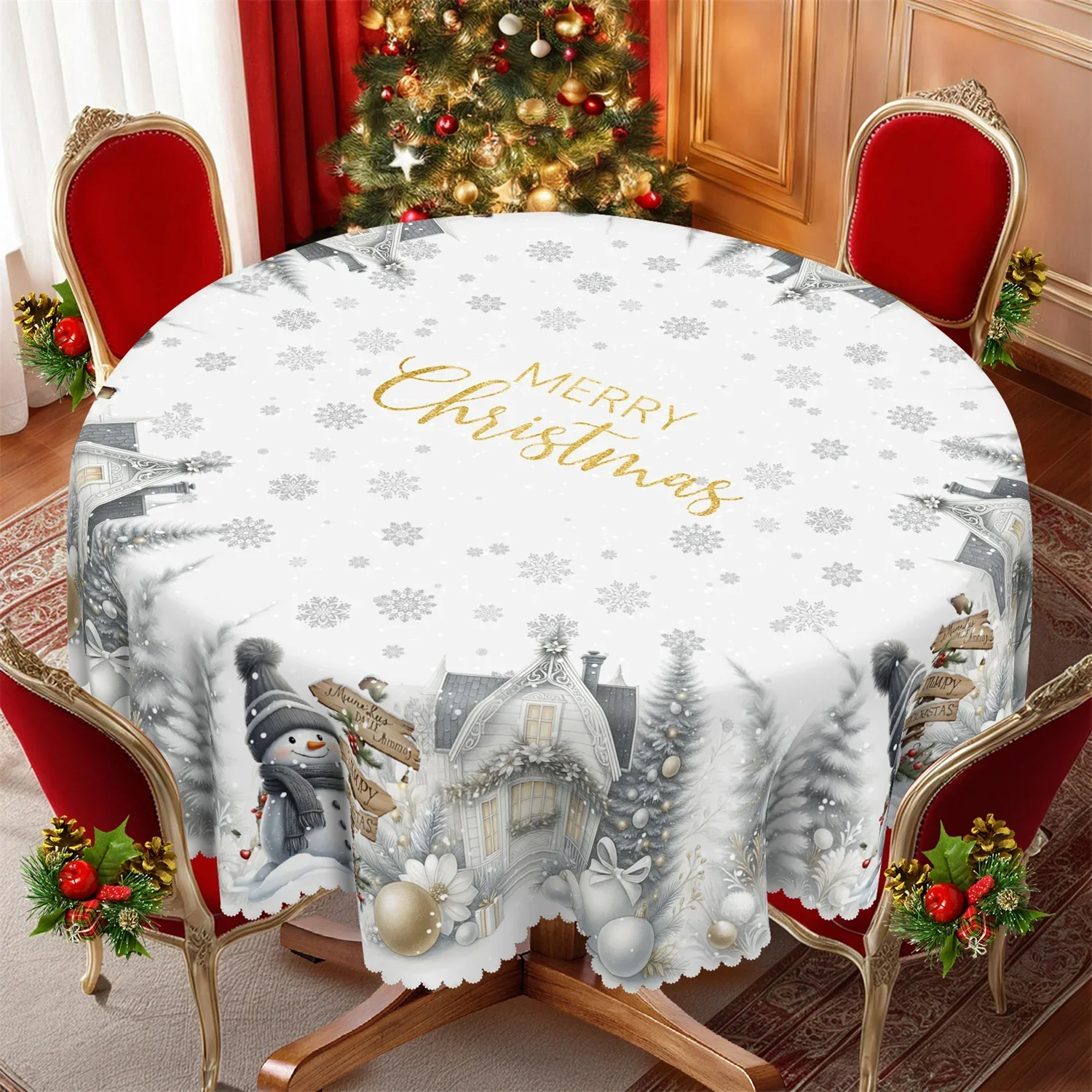 Polka Dot Fairy Tale Christmas Tree Christmas Balls Cabin Snowman Snowflakes Flowers Christmas Tablecloth 1 Pack YZB