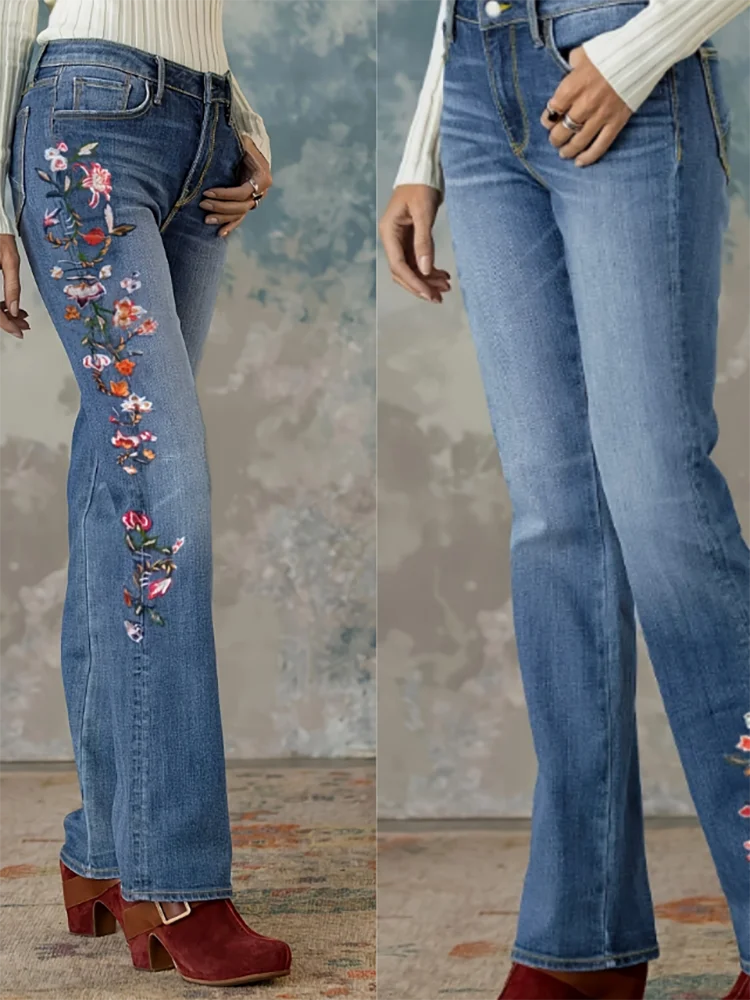 Damskie jeansy z haftem w kwiaty Niebieskie klasyczne proste spodnie w dużych rozmiarach Nowa moda Casual Mid Waist Slim Stretch Denim Pants